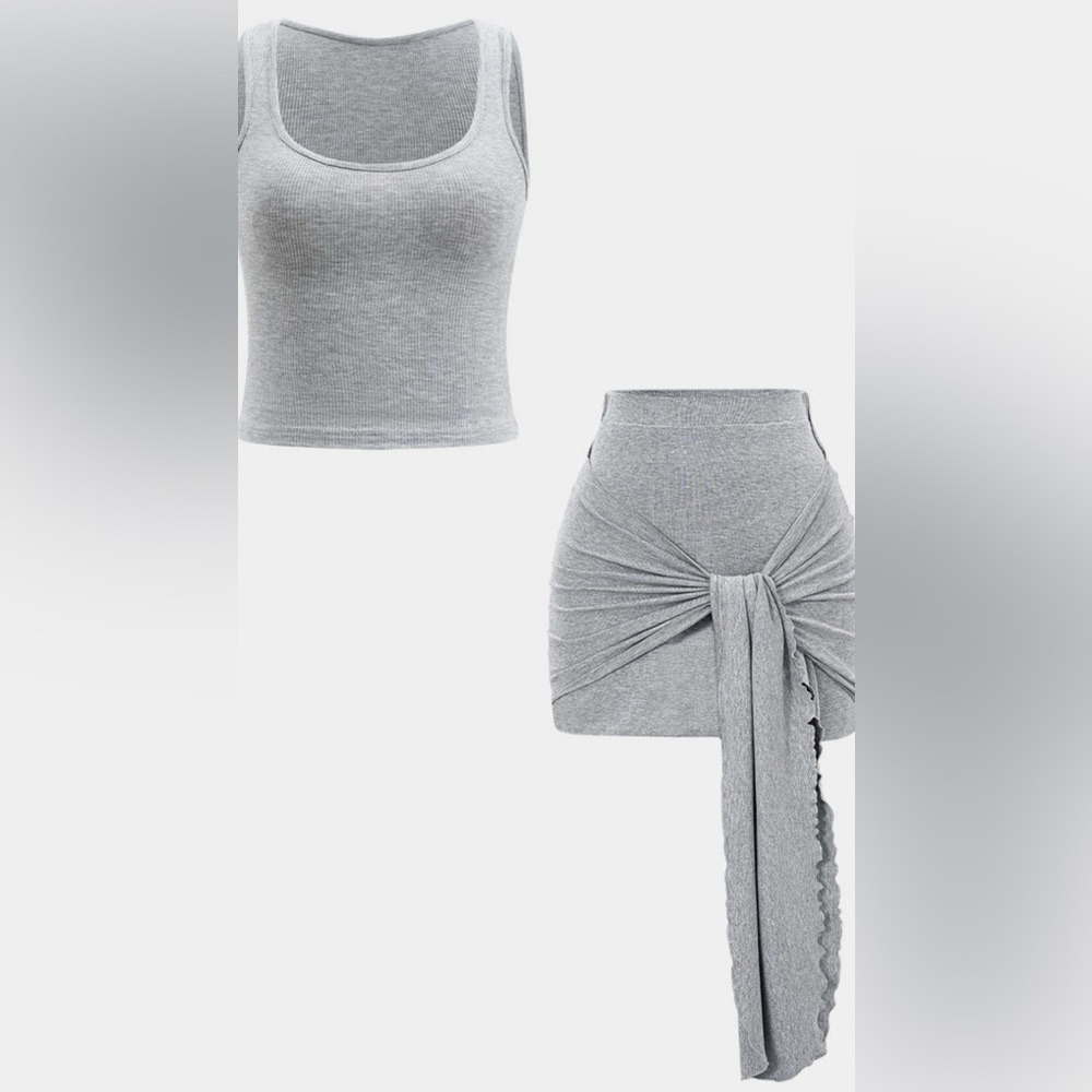 Grey Tie-Front Ribbed Mini Skirt + Matching Top